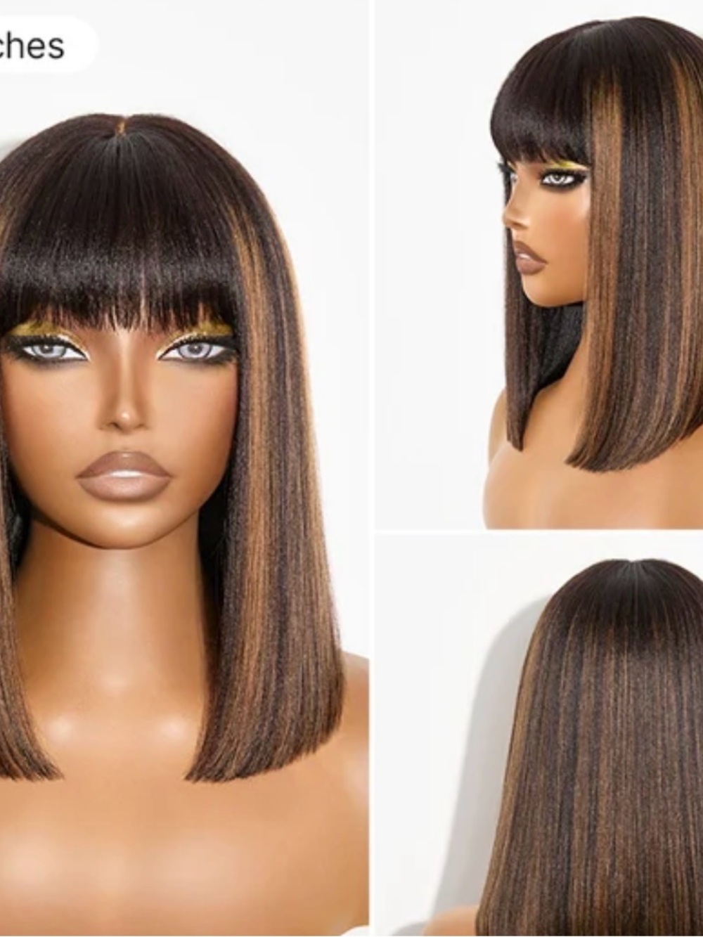 Luvme Yaki Straight Bob Wig with Bangs in Dark Brown with Honey Highlights